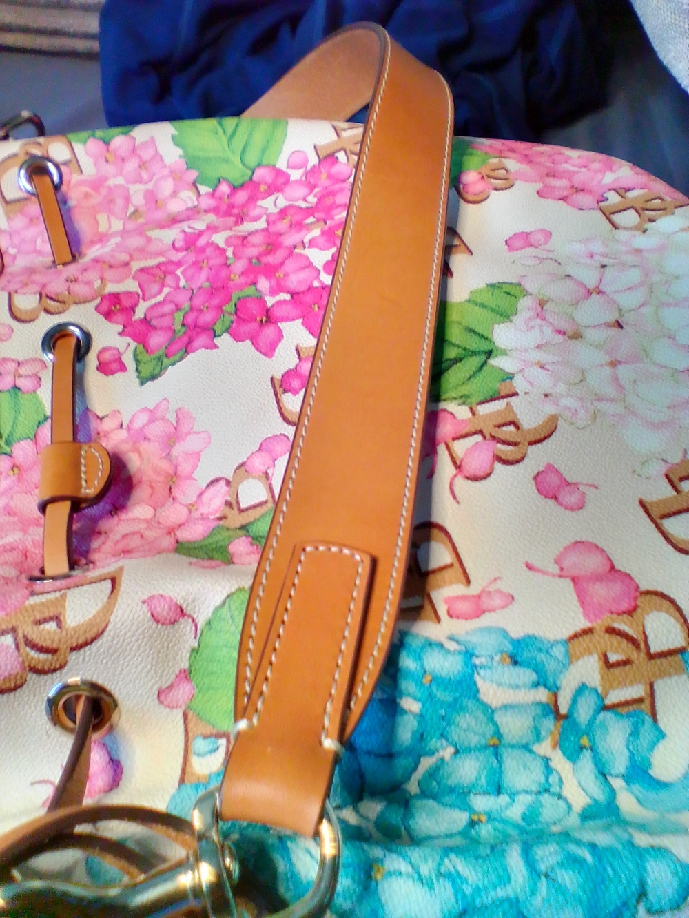 Dooney & Bourke Hydrangea Drawstring Bucket Bag in Pink, Teal & Cream - Picture 2 of 14